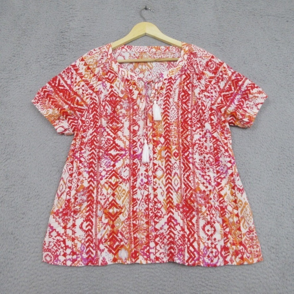 Embroidered Bohemian Shirt Women XL Pink Orange Geo Print Y2K Festival Hippie